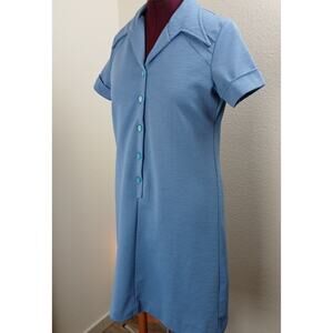 Vintage 60s Blue Textured Shirt Dress L ? short sleeve button top pointed collar